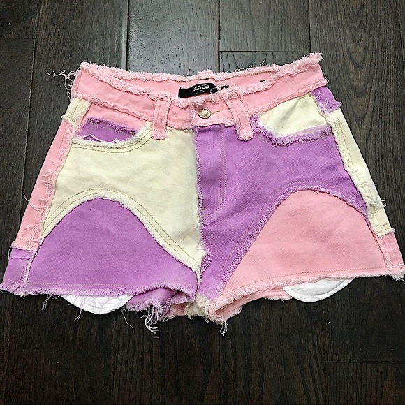 Jaded London Hot Pant Cut-Off Jean Shorts in Purple Pink Denim Patchwork - Picture 2 of 16